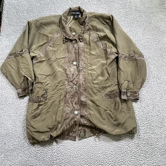 Silk Empire Jacket Women's Collared Button Up 100% Silk Embroidered Green Small - Picture 1 of 5
